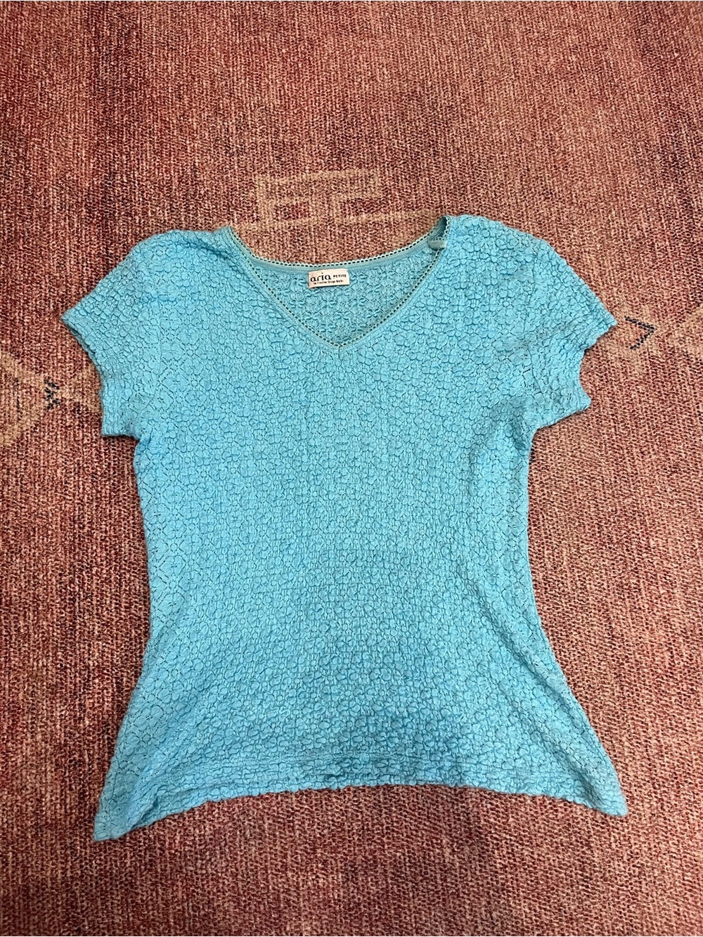 Aria petite creative design works vintage Y2k v neck cap sleeve textured top sm